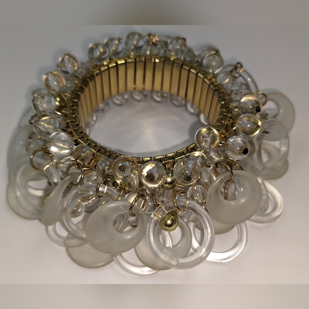 EVC GOLD TONE CLEAR & FROSTED DISCS  EXPANSION CHA CHA BRACELET